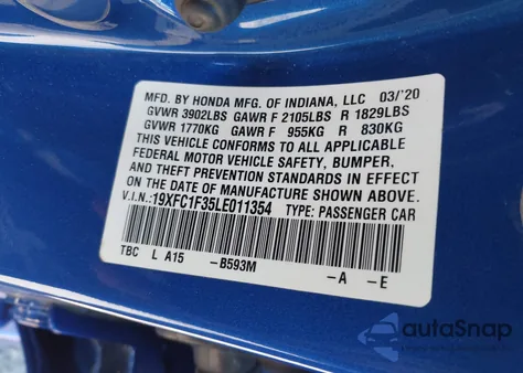 2020 Honda Civic Ex from USA, damaged, VIN 19XFC1F35LE011354